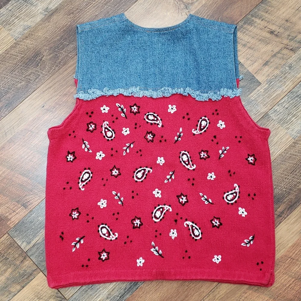 Vintage Mandal Bay Blue and Red Western Knit Vest, Size Small